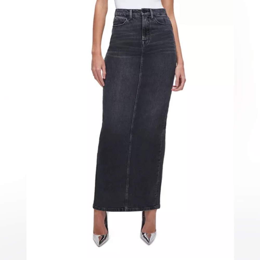 NWOT Good American Sexy Distressed Black Maxi Skirt Back Zip Size 22